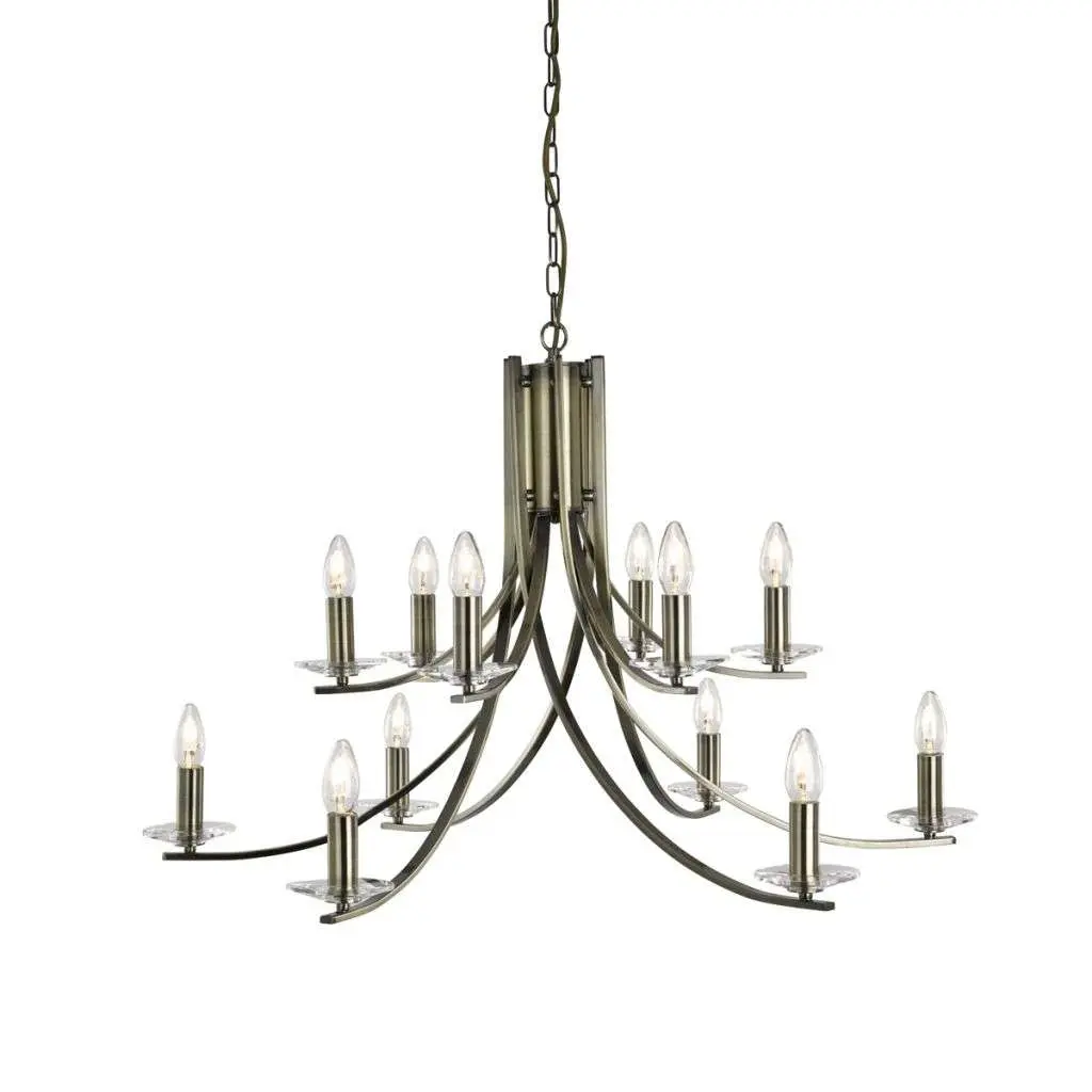 Ascona 12 Light Ceiling, Antique Brass Twist Frame With Clear Glass Sconces