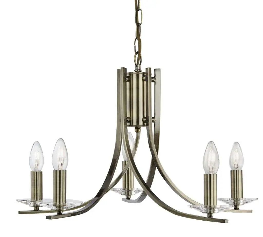 Ascona 5  Light Ceiling, Antique Brass Twist Frame With Clear Glass Sconces