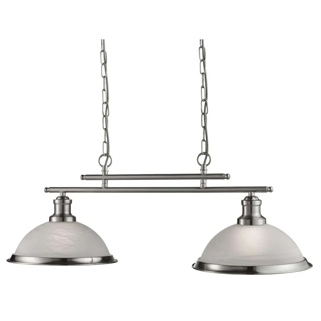 Bistro 2 Light Industrial Ceiling Bar, Satin Silver, Marble Glass Shade, Satin Silver Trim