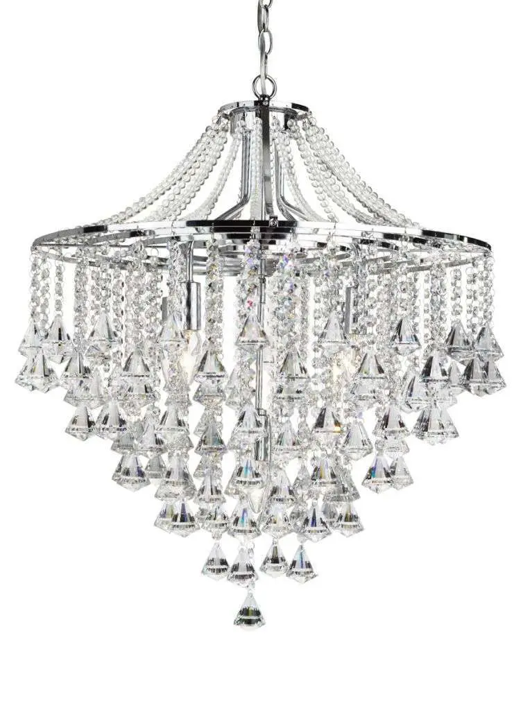 Dorchester - 5  Light Ceiling, Chrome With Clear Crystal Buttons & Pyramid Drops