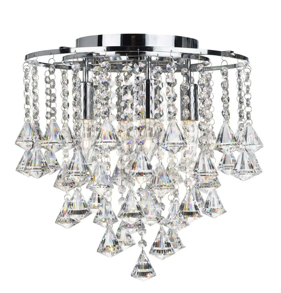 Dorchester - 4 Light Flush Ceiling, Chrome With Clear Crystal Buttons & Pyramid Drops